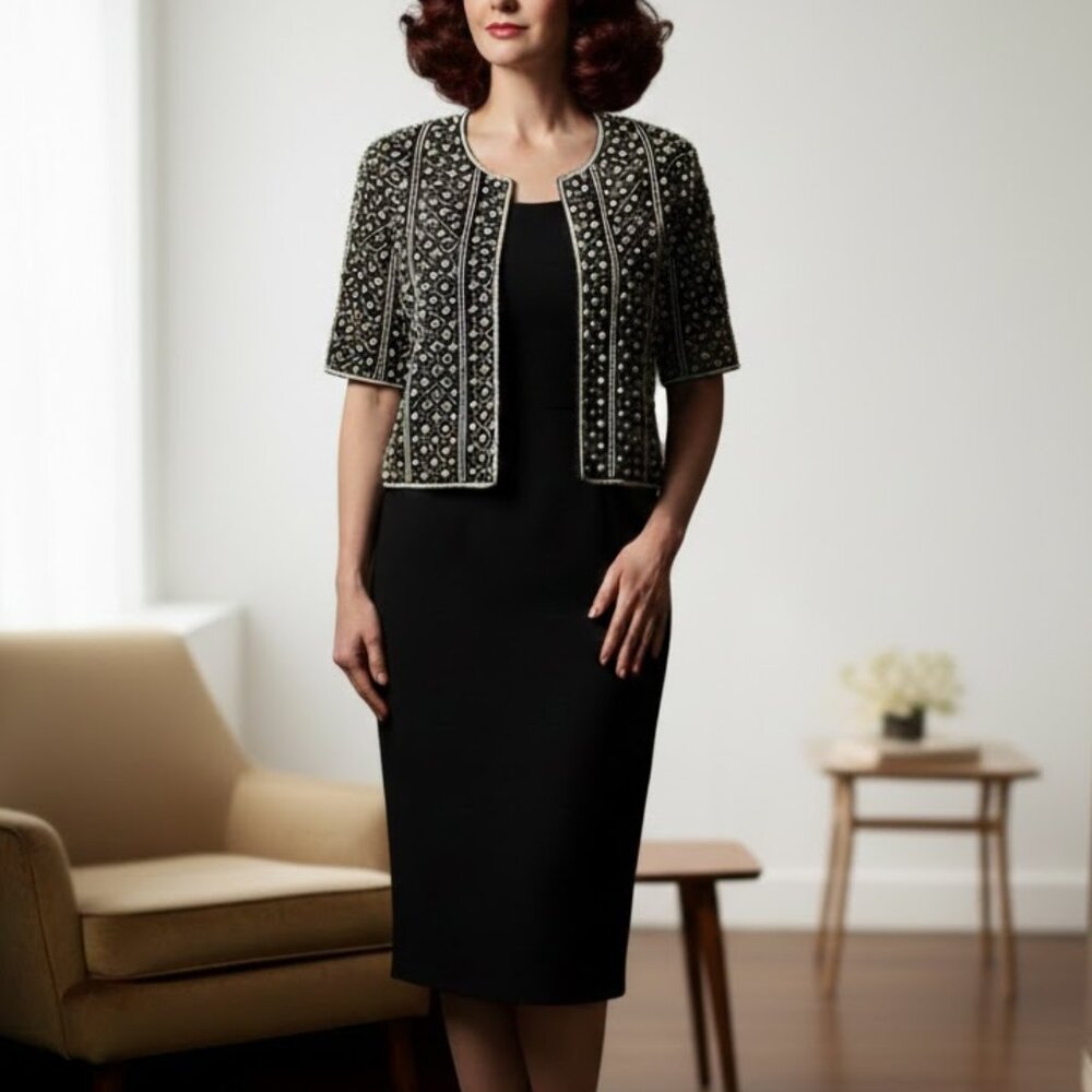 Laurence Kazar 1980’s NWT black white beaded pearls short sleeve silk jacket, MP